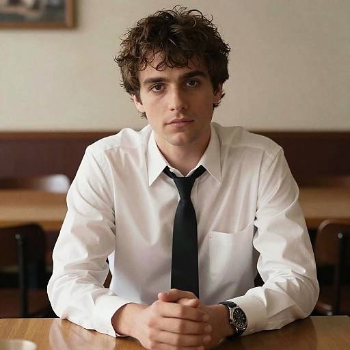 Young Man in White Shirt and Tie Sitting at Table