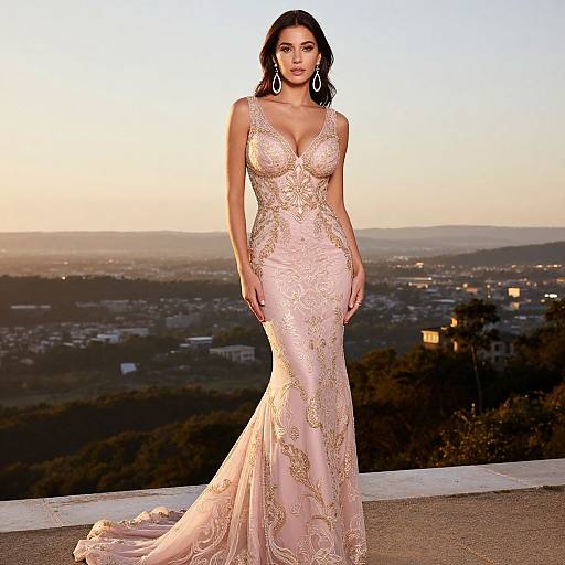 Photograph of a beautiful woman with long black hair, wearing a pink, lace-embellished, deep V-neck mermaid gown, standing on