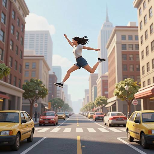 Photorealistic digital image: Young woman with black hair, white shirt, and blue shorts jumps joyfully in the middle of a sunlit urban street