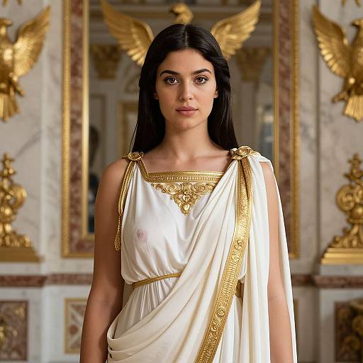 Photograph of an Indian woman with long black hair, wearing a white ancient Greek-style dress with gold trim, standing in an opulent, gold-ac
