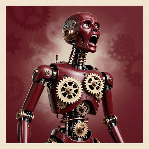 Digital illustration of a red, animated robot with gears on its chest, screaming with an open mouth. Background features dark red and maroon gears. Dram