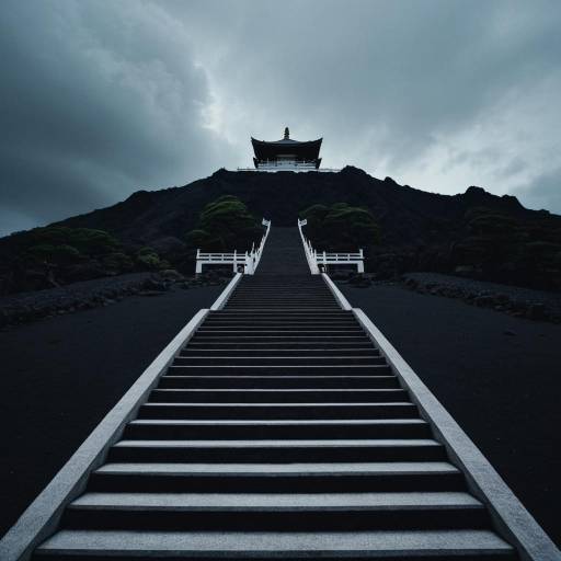 Long Staircase to Japanese Temple on Volcanic Island