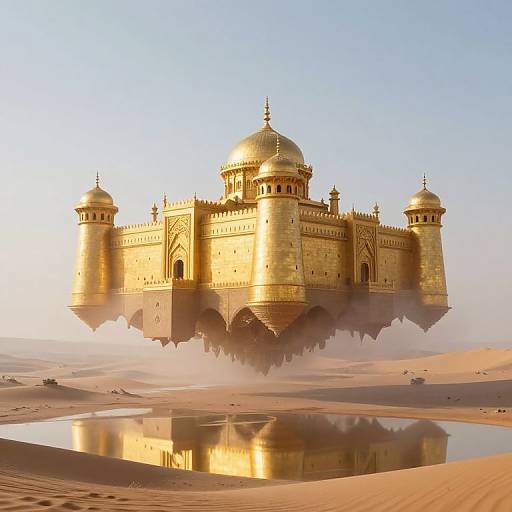 Photorealistic CGI of a golden, floating Mughal-style palace with domes and arches, rising above a desert with a reflective water pool