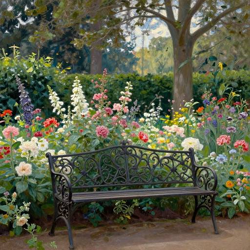 Photograph of an ornate black wrought iron bench in a vibrant, colorful garden with blooming flowers and a large tree in the background.