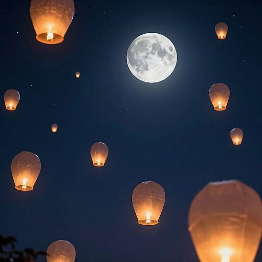 Photograph of glowing orange paper lanterns floating in a dark blue night sky, illuminated by a bright full moon.