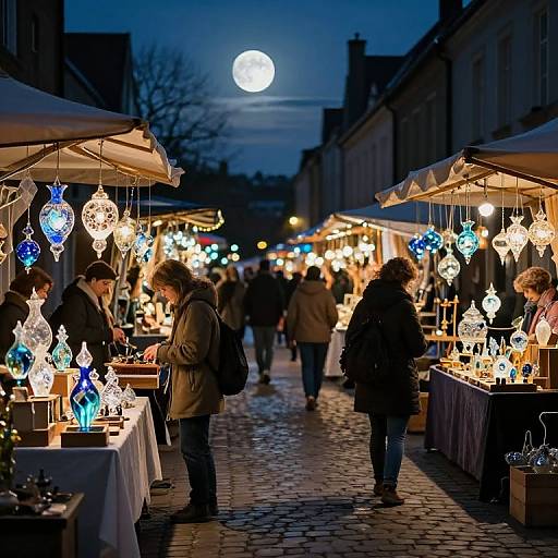 Photograph of a nighttime market street, illuminated by glowing blue and white glass ornaments, under a full moon, with shoppers browsing stalls.