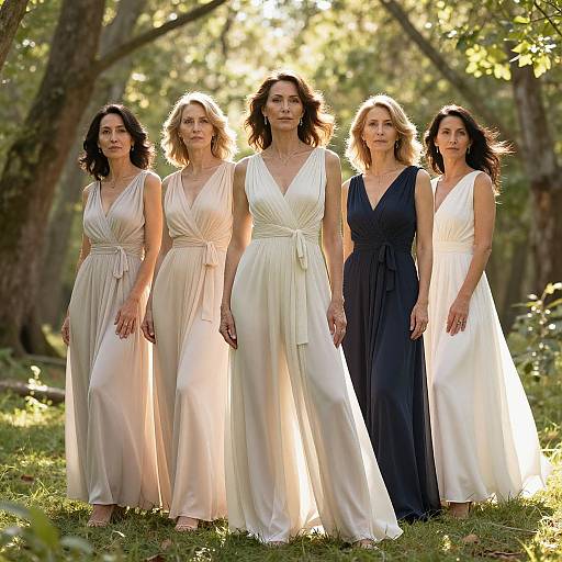 Photograph of five women in elegant, floor-length dresses—four in white, one in navy—standing in a sunlit forest, hands by their