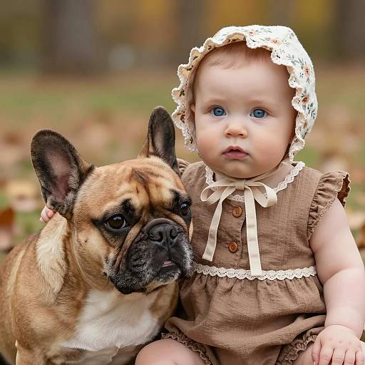 Adorable Baby and Bulldog in Autumn