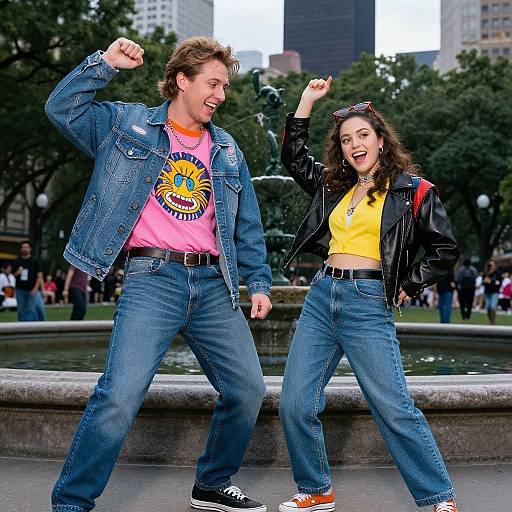 Photograph of a smiling man and woman in denim jackets and jeans, posing cheerfully in a city park with trees and a fountain in the background.