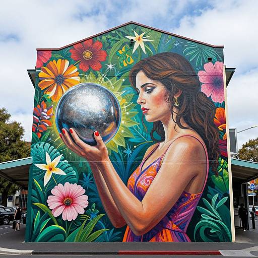 Vibrant mural of a brown-haired woman in a colorful dress holding a silver sphere, surrounded by large flowers, against a building. Urban street background