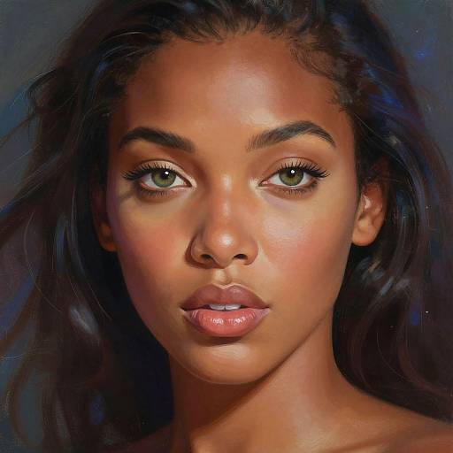 Digital portrait of a beautiful young woman with dark brown skin, green eyes, full lips, and long black hair against a dark, textured background. Real