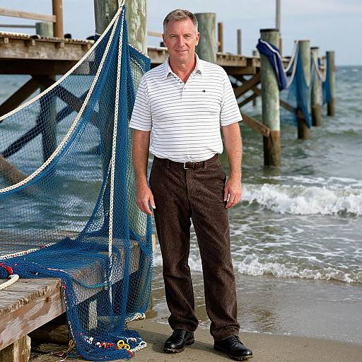 Photograph of middle-aged white man with short brown hair, wearing white striped polo and brown pants, standing on beach by blue fishing nets and wooden pier