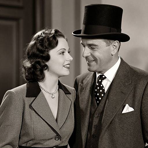 Black-and-white photograph of a smiling 1940s couple, man in top hat and polka-dot tie, woman in checkered coat and necklace