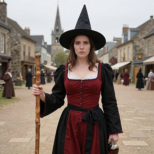 Photograph of a serious young woman in a black witch hat, red and black medieval-style dress, holding a wooden staff, standing in a cobble