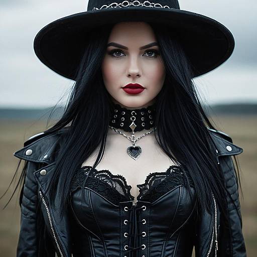 Gothic Woman in Black Leather Outfit