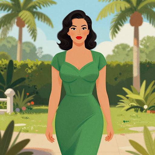 Digital illustration of a curvy woman with black wavy hair, red lipstick, and green dress, standing in a sunny, tropical garden with palm trees