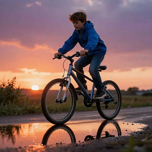 Determined Boy Biking Through Sunset Puddle