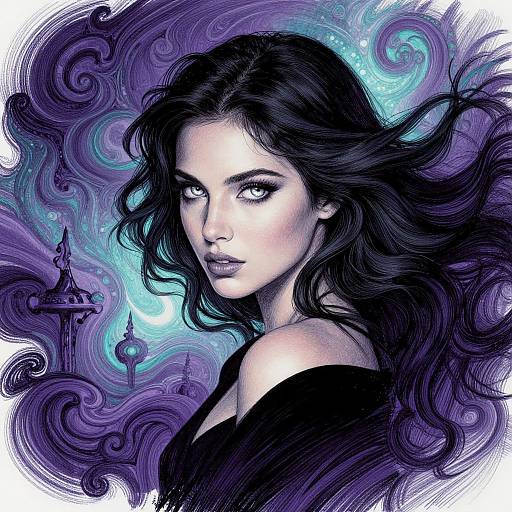 Digital art: Dark-haired woman with piercing eyes, black off-shoulder top, surrounded by swirling purple and blue cosmic clouds with futuristic structures.