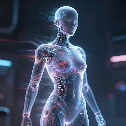 Digital CGI of a glowing, transparent, futuristic female android with intricate mechanical circuits, blue and pink neon lights, standing in a dark sci-fi laboratory.