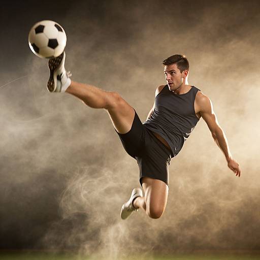 Photograph of a muscular male soccer player mid-air, executing a high kick with a black-and-white soccer ball, wearing a dark tank top and shorts