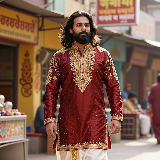 Photograph of a bearded Indian man with long black hair, wearing a maroon embroidered kurta, standing on a busy street with shops in the