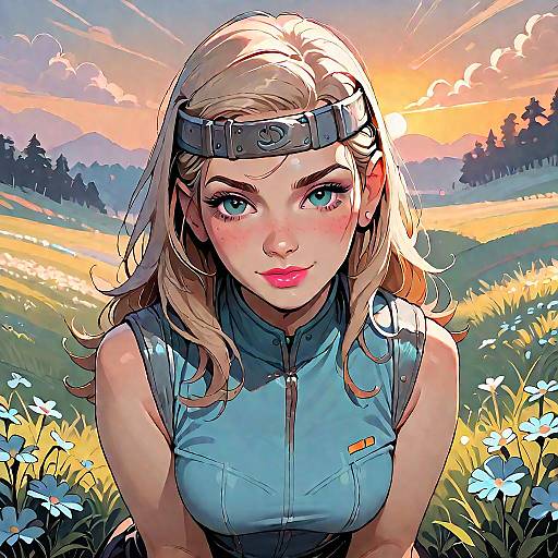 Smiling Blonde Woman in Blue Shirt at Sunset Field