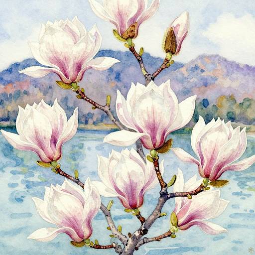 Watercolor Magnolia Blossoms Landscape