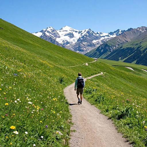 Photograph of a hiker with a backpack walking on a gravel path through a vibrant, flower-filled meadow towards snow-capped mountains under a clear