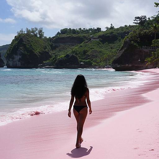 Photograph of a woman with long dark hair in a black bikini walking on a pink sandy beach, facing turquoise ocean and lush green hills under a partly