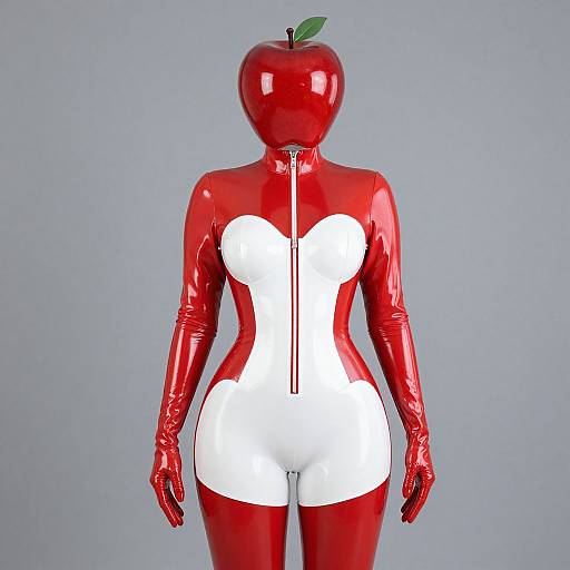 Photograph of a headless, glossy red latex figure with a white heart-shaped torso, zipper, and apple headpiece, against a gray background.