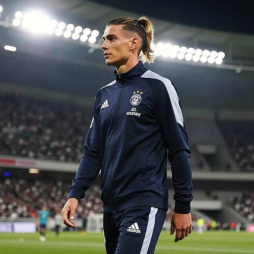 Photograph of a male soccer player with light brown hair in a ponytail, wearing a dark navy Adidas tracksuit, standing in a brightly lit stadium