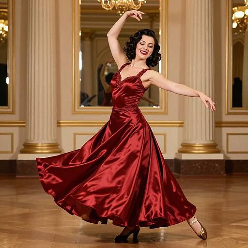 Photograph of a smiling, dark-haired woman in a flowing, red satin dress, dancing in a luxurious, ornately decorated ballroom.
