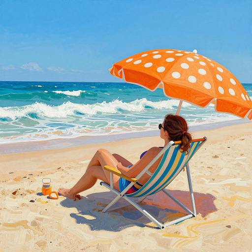 Photograph of a woman in a blue-striped bikini, sitting under an orange polka-dot umbrella on a sunny beach, with ocean waves in the background