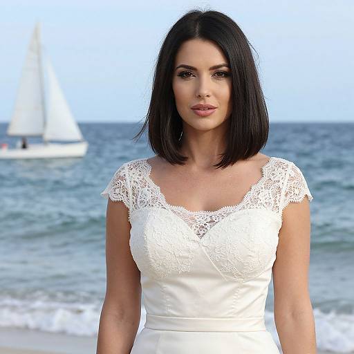 Photograph of a brunette woman with shoulder-length hair, wearing a white lace-trimmed dress, standing on a beach with a sailboat in the