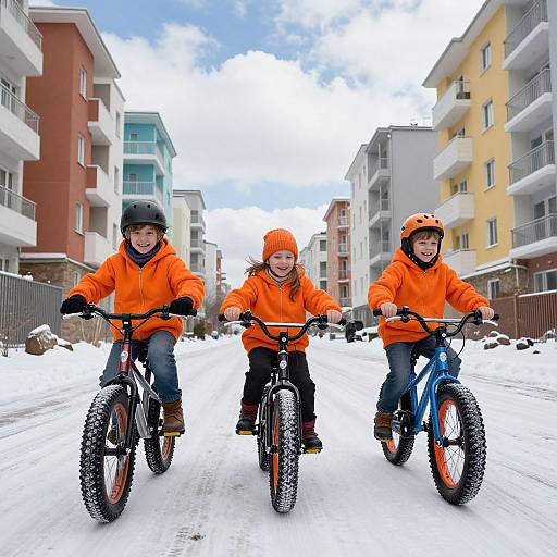 Three children in bright orange hoodies and helmets ride bicycles on a snowy urban street, flanked by colorful modern apartment buildings. Photograph.
