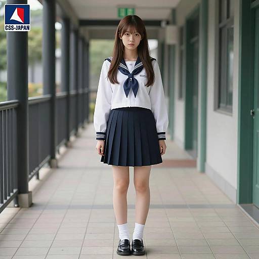 Asian Girl in Sailor Outfit Corridor