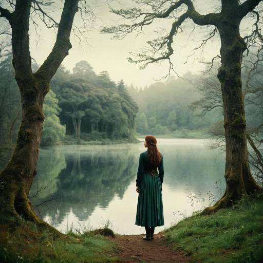 Woman in green dress by misty lake