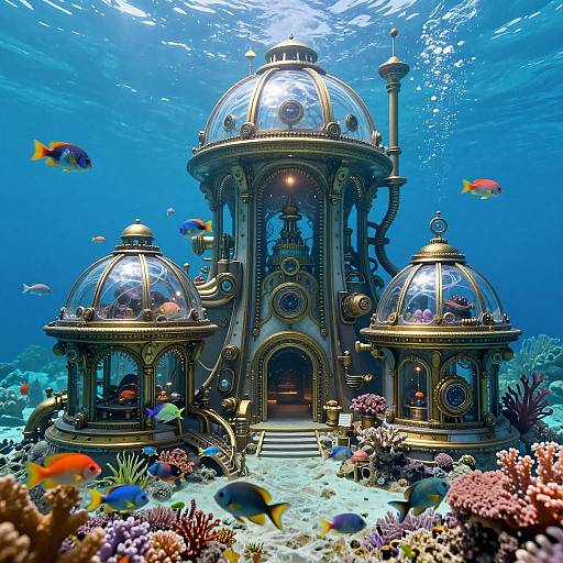 Photorealistic underwater scene: ornate, glass-domed Victorian-style building surrounded by colorful coral, fish, and marine life in clear blue water.