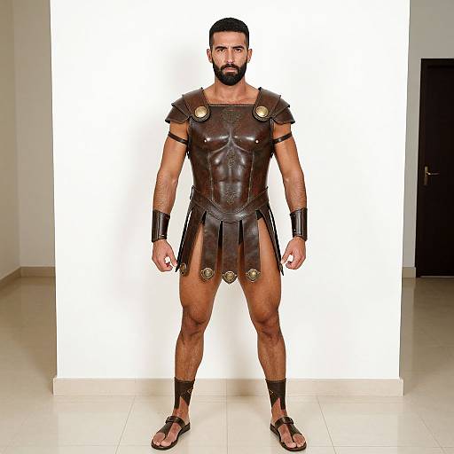 Photograph of muscular, bearded man with dark skin and short black hair, wearing brown leather gladiator armor, black sandals, and metallic arm and