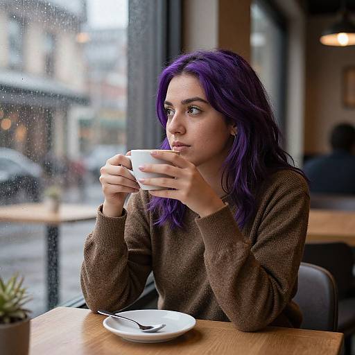 Purple-Haired Latina in Cozy Cafe
