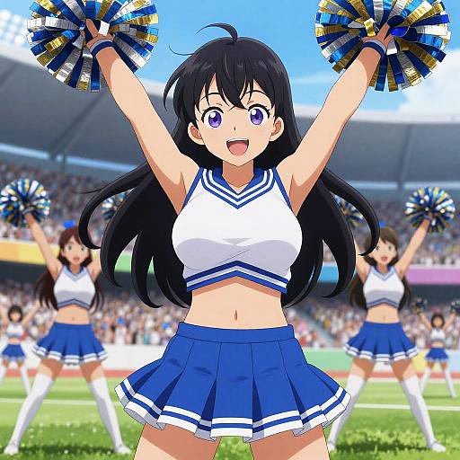 Anime-style digital drawing of a cheerful, purple-eyed, black-haired cheerleader with large breasts, blue and white outfit, pom-poms, and skirt