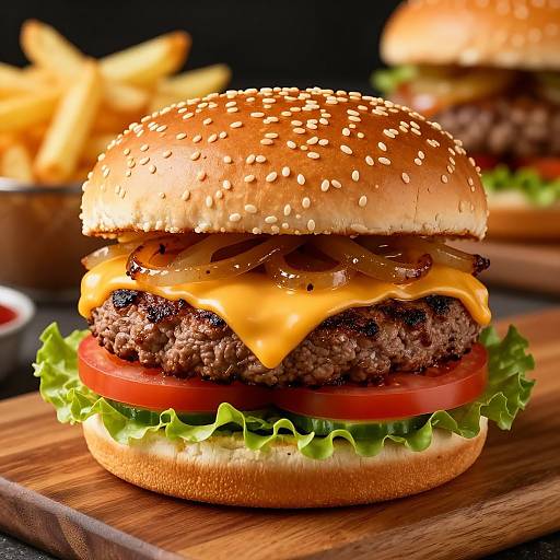 Photograph of a juicy cheeseburger with sesame seed bun, melted cheese, bacon, lettuce, tomato, and fries in the background.