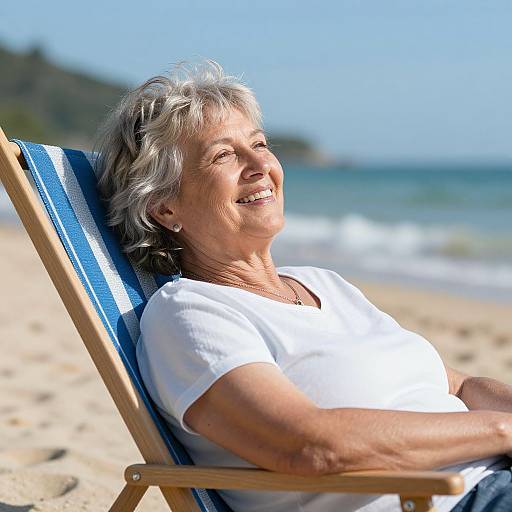 Photograph of an elderly woman with short gray hair, smiling, wearing a white t-shirt, reclining in a blue beach chair on a sunny beach