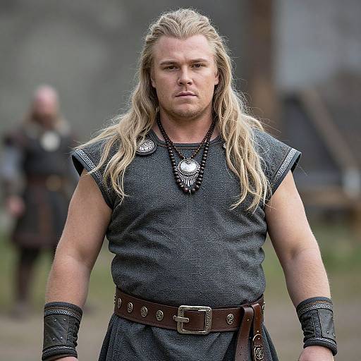 Photograph of a muscular, blond-haired man with long hair, wearing a black, sleeveless tunic, leather belt, black wristbands, and