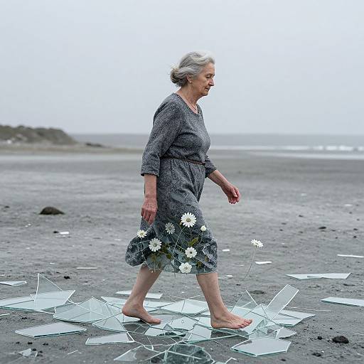 Photograph of an elderly woman with short gray hair, wearing a gray dress, holding white daisies, walking barefoot on a black sand beach
