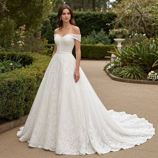 Photograph of a beautiful woman with dark hair in an off-shoulder, white lace wedding gown with a long train, standing in a lush garden