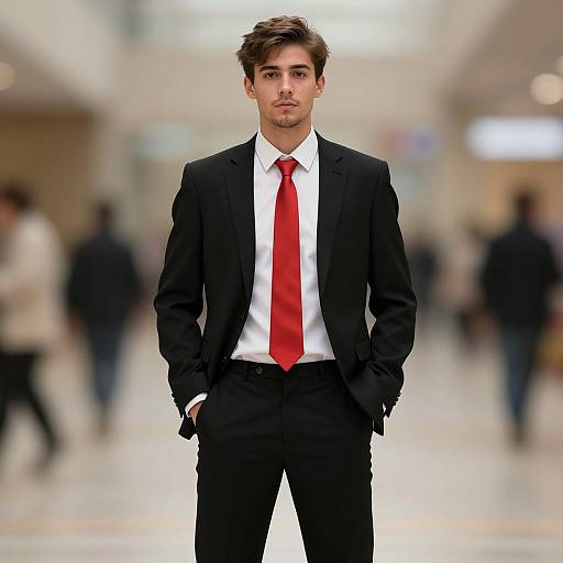 Photograph of a young man with light skin, brown hair, and a slim build, wearing a black suit, white shirt, and bright red tie