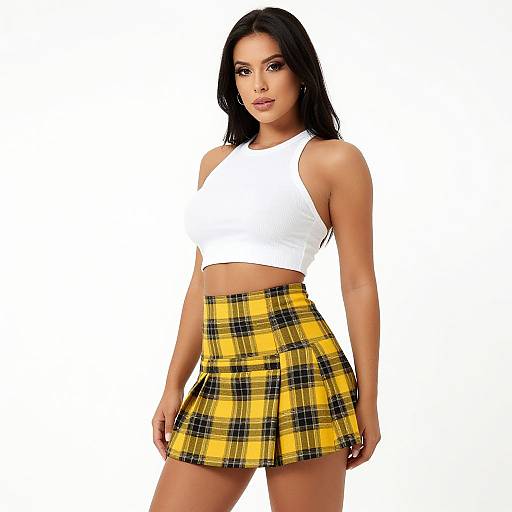 Photograph of a woman with long black hair, wearing a white sleeveless crop top and a yellow plaid mini skirt, standing against a white background