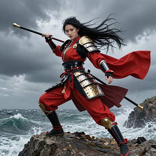 Digital artwork of a fierce, dark-haired warrior in red and gold armor, holding a spear, standing on rocky coastline with waves crashing, under a storm
