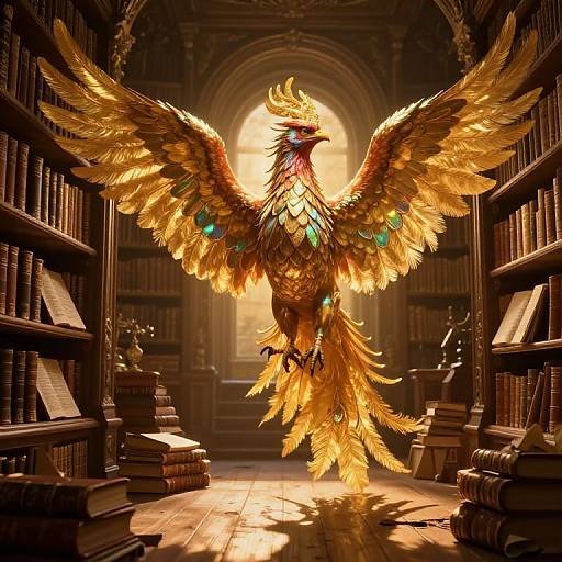 Digital artwork of a radiant, golden phoenix with vibrant green and blue feathers, mid-flight between two book-filled, ornate library aisles.